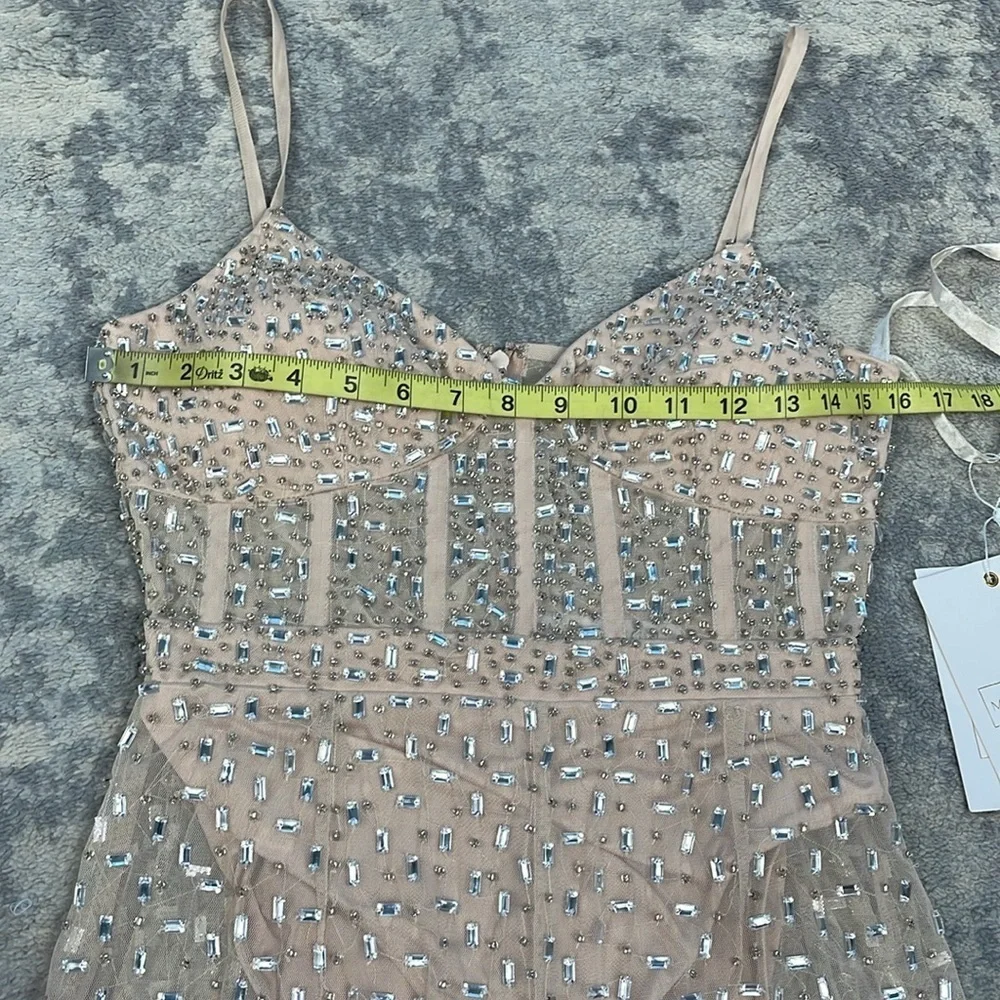 NWT Mac Duggal Sheer Nude Beaded Corset Bodysuit Jumpsuit Wide Leg Sample Sz 2